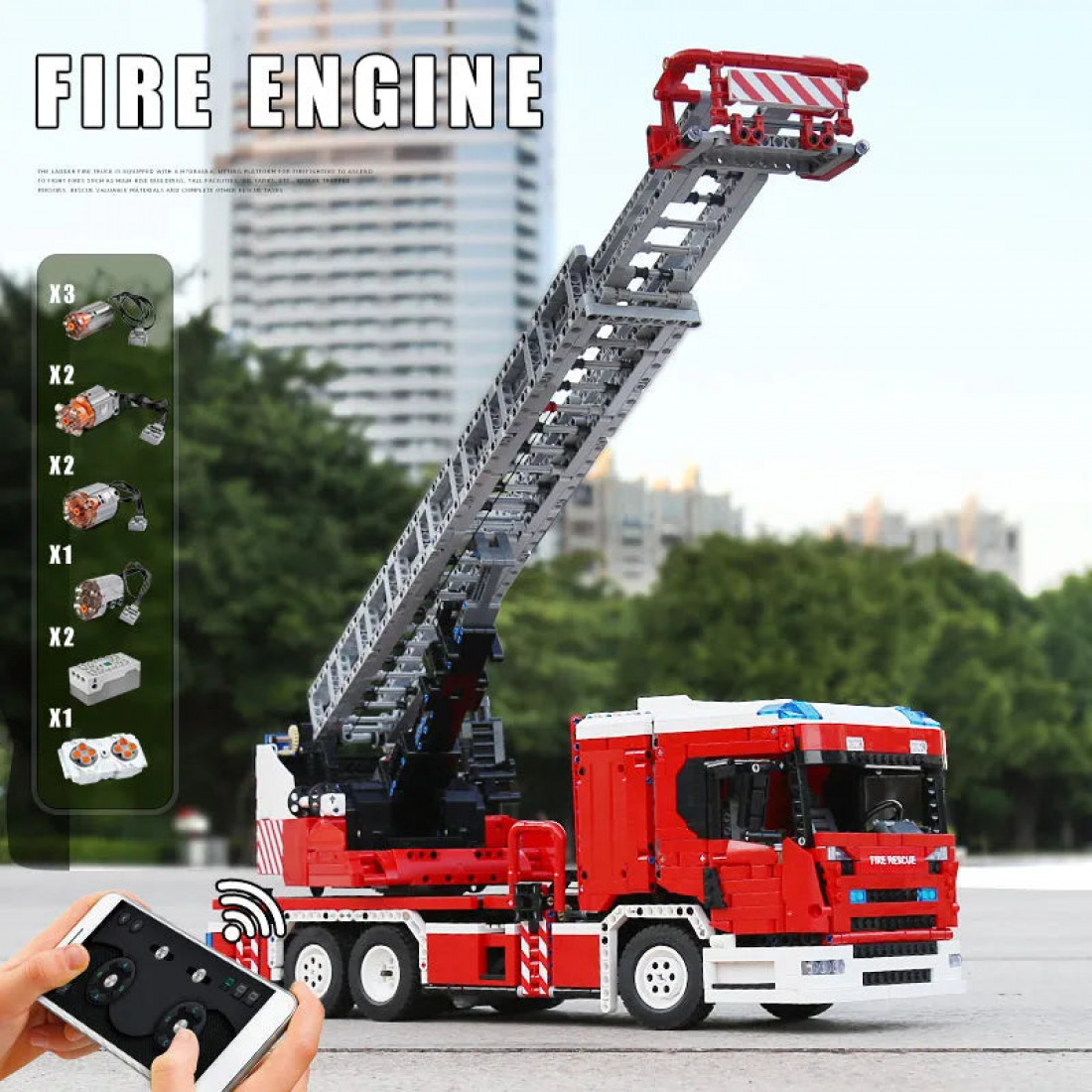 tech moc app rc rescue fire engine ladder truck bricks toy 17022 - tech ...